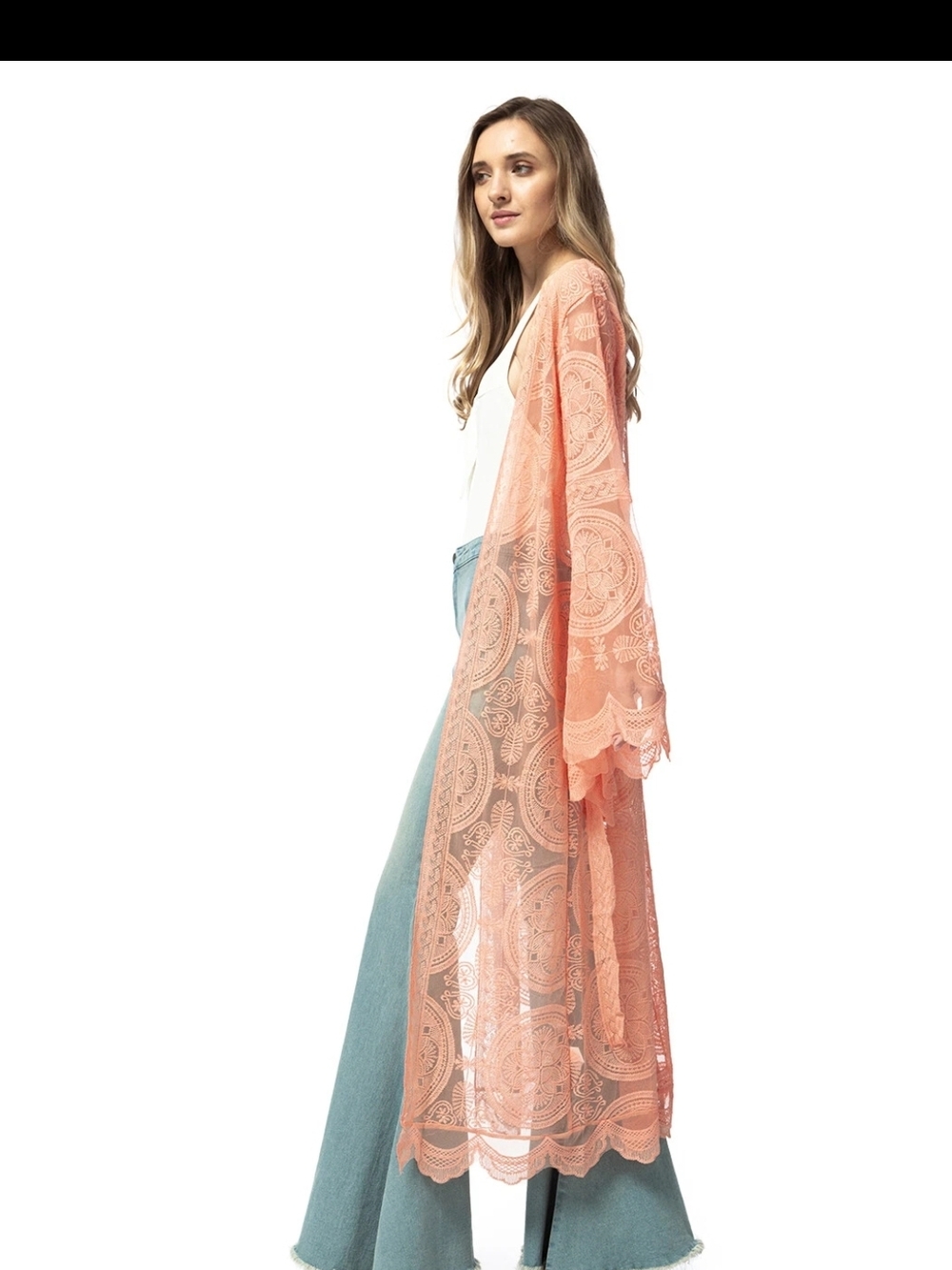 Kimono Maxi Lace Embroidered Bell Sleeves Tie Waist Cover Up Coral Pink Sz M NEW